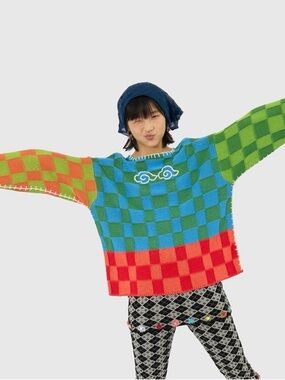 Yanyan cloud check boat neck pullover in rainbow